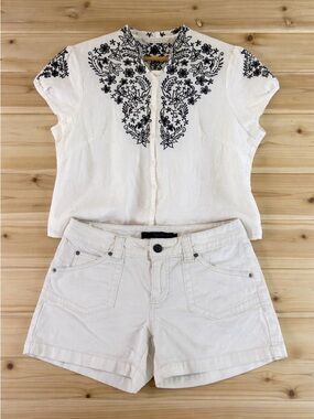 XL Tweeds White ButtonDown Shirt Black Embroidery & sz8 Calvin Klein Jean shorts